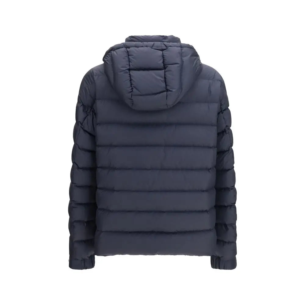 Veste matelassée bleu foncé moncler blue goose en duvet avec capuche et coquille imperméable