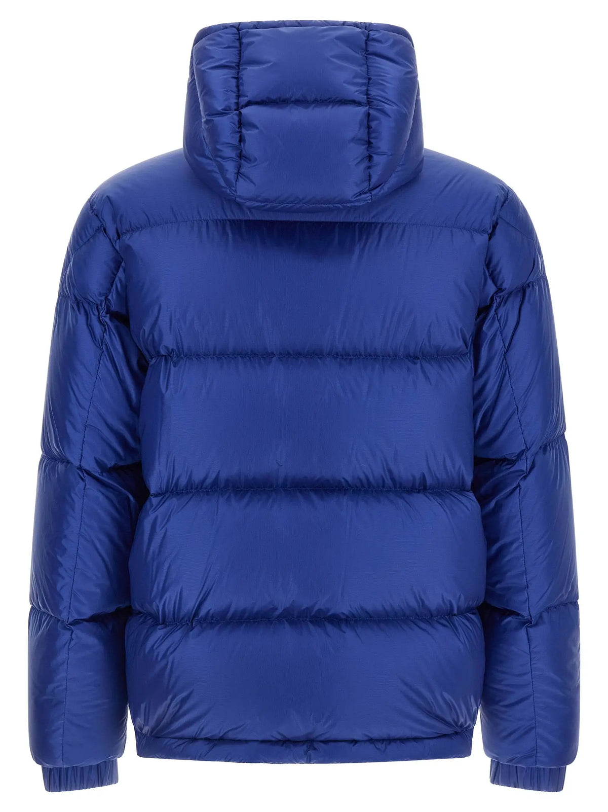 Veste moncler en polyamide bleu royal matelassée avec capuche et design en duvet pleine longueur