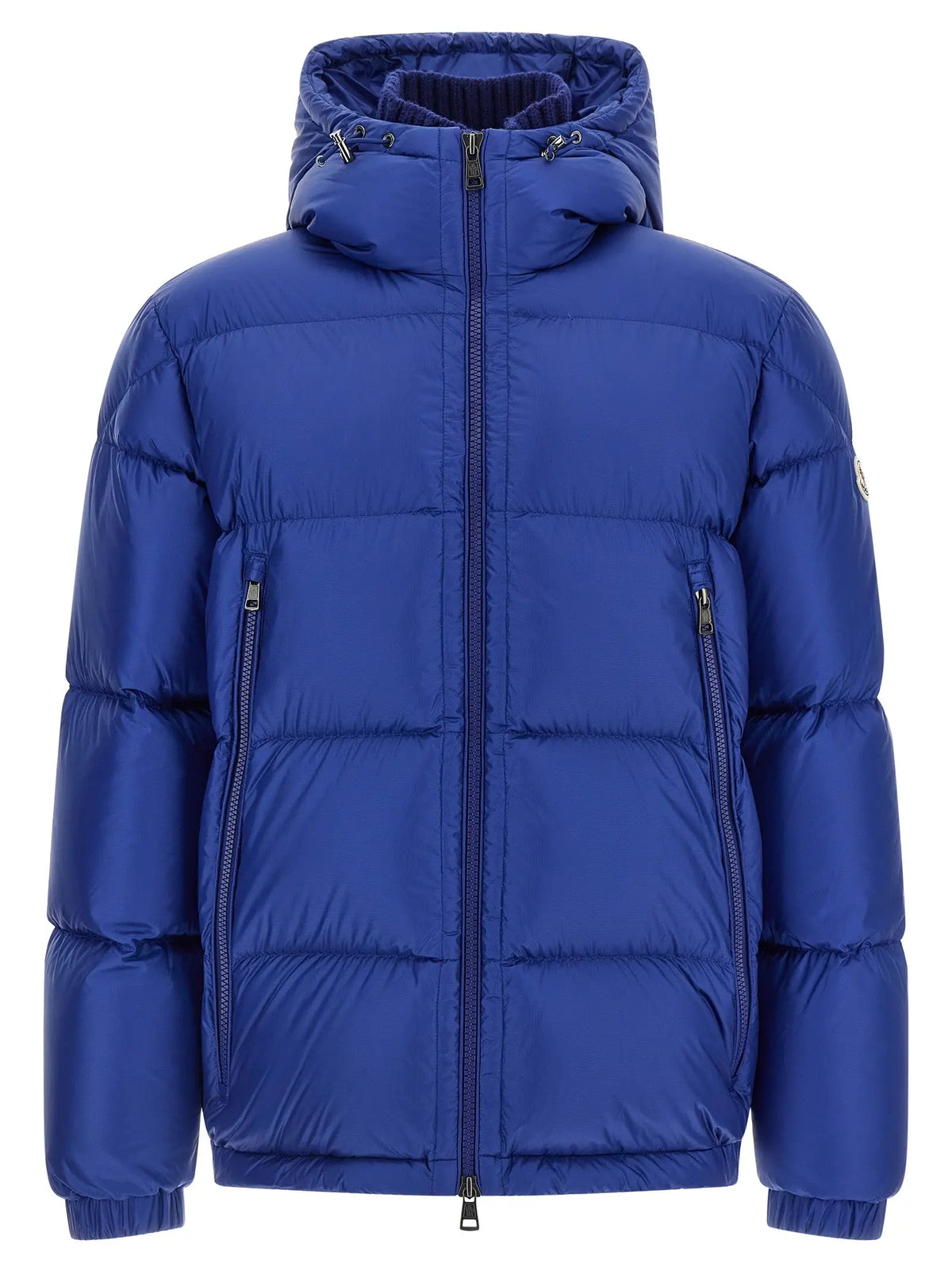 Veste rembourrée moncler bleu royal en polyamide avec capuche et design matelassé longueur entière