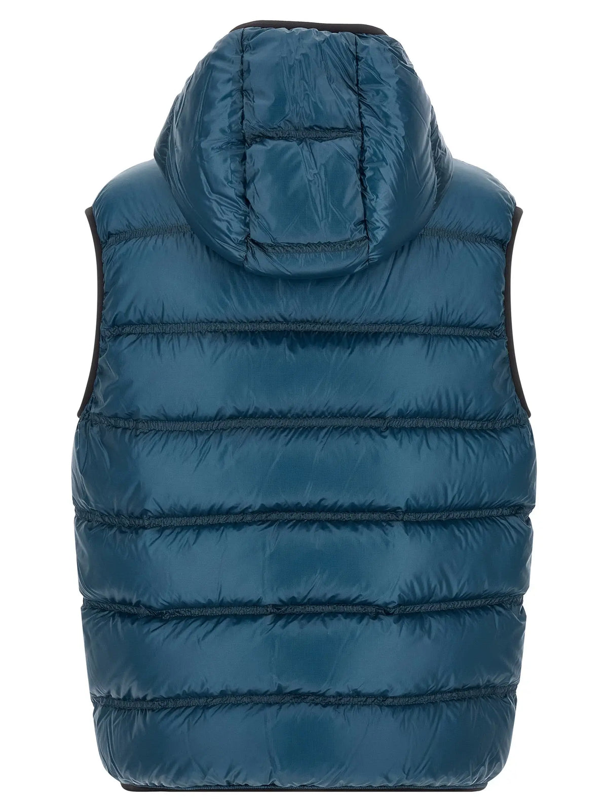 Gilet matelassé bleu à capuche avec bordure noire de la marque moncler en polyamide