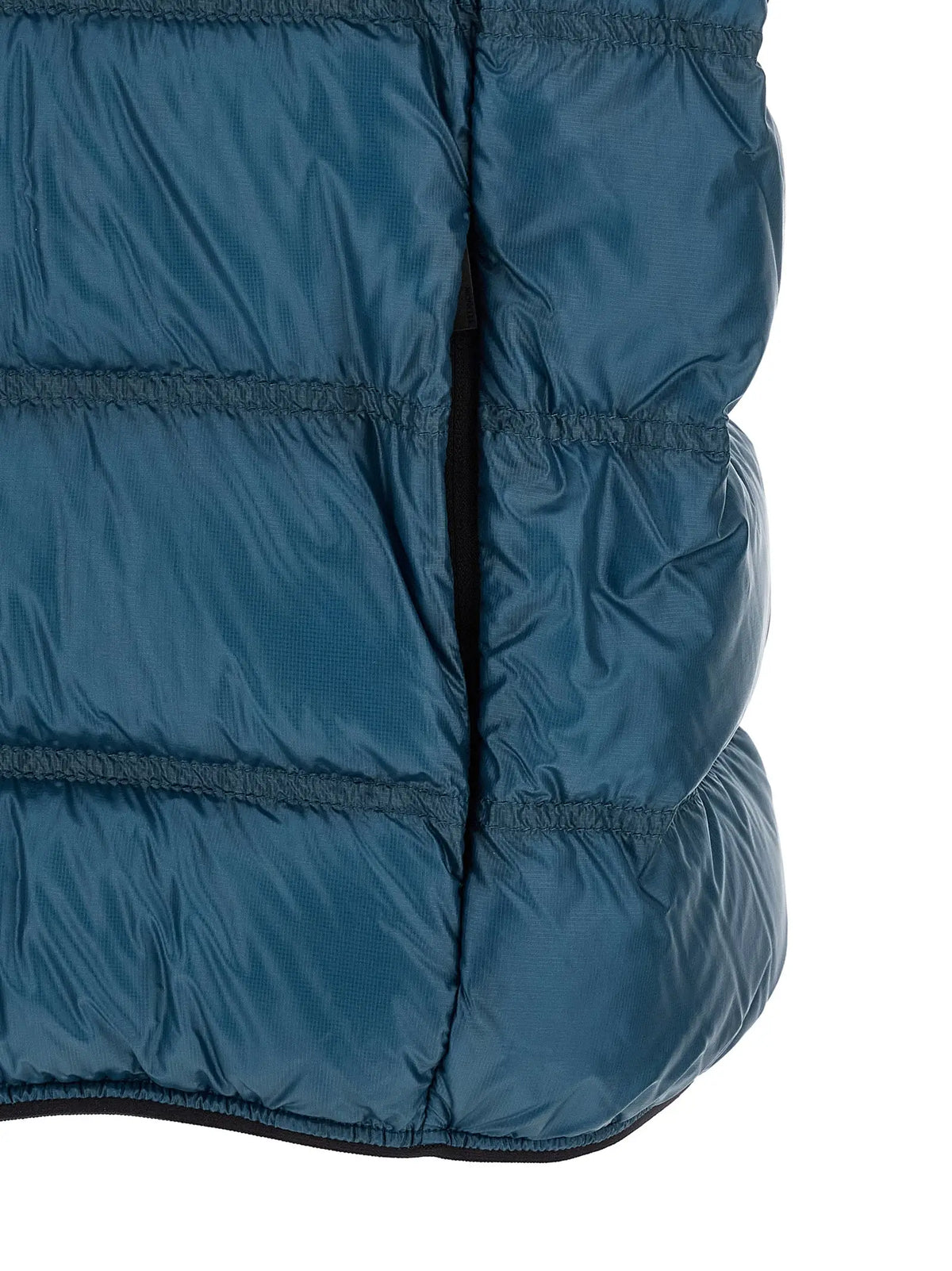 Moncler veste longue bleue en polyamide avec matelassage horizontal et bord noir sur le bas