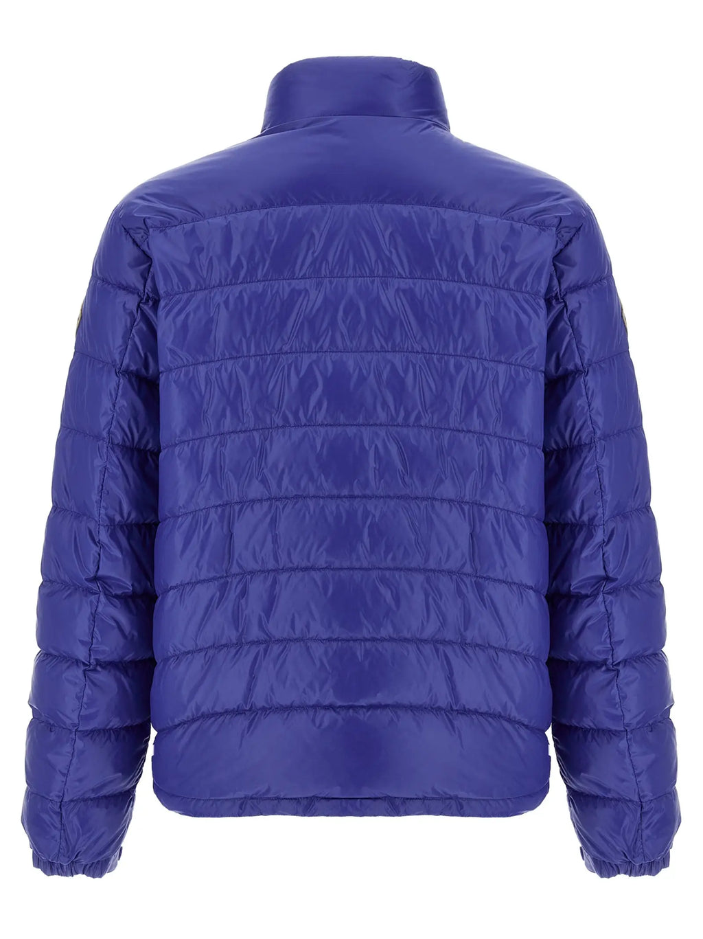 Veste matelassée bleu royal moncler en polyamide avec col montant et poignets élastiques, pleine longueur