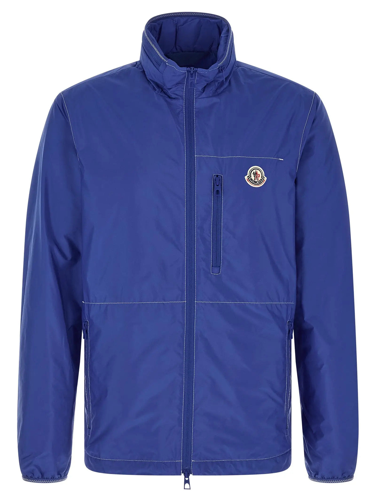 Blouson moncler bleu royal en polyamide avec col haut fermeture éclair avant et coutures discrètes