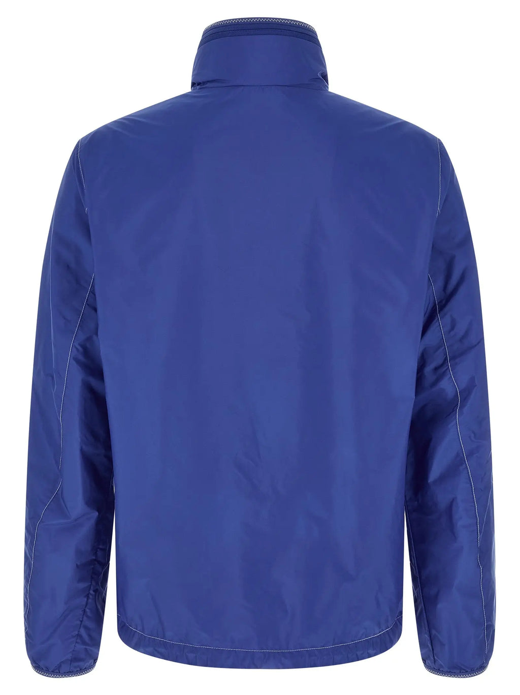 Veste imperméable moncler bleue en polyamide royal avec coutures blanches visibles sur les coutures et le col