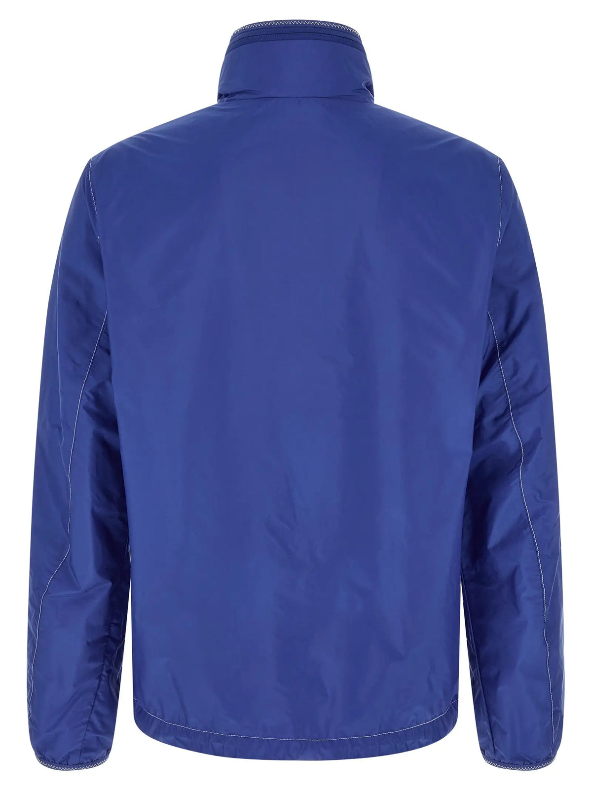 Veste imperméable moncler bleue en polyamide royal avec coutures blanches visibles sur les coutures et le col