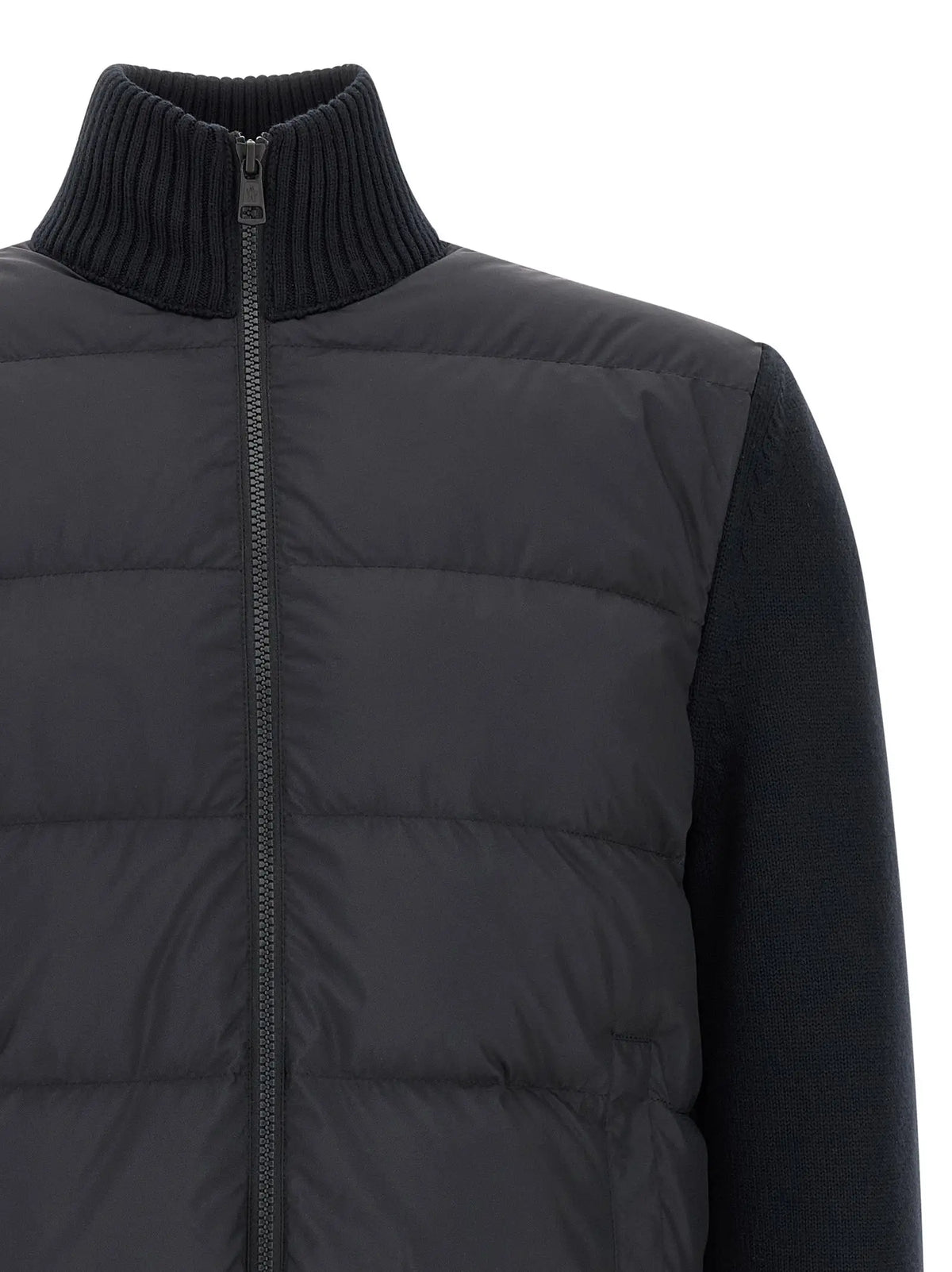 Moncler cardigan bleu en polyester avec veste matelassée noire à col et manches en maille côtelée et fermeture éclair centrale