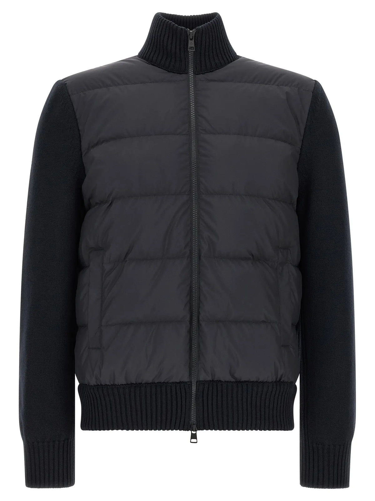 Veste matelassée noire moncler avec manches et col en côte en polyester bleu