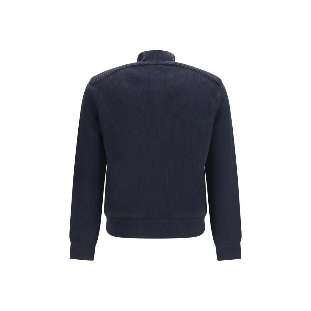 Sweatshirt moncler bleu marine en laine avec col montant et panneaux texturés aux épaules en maille côtelée