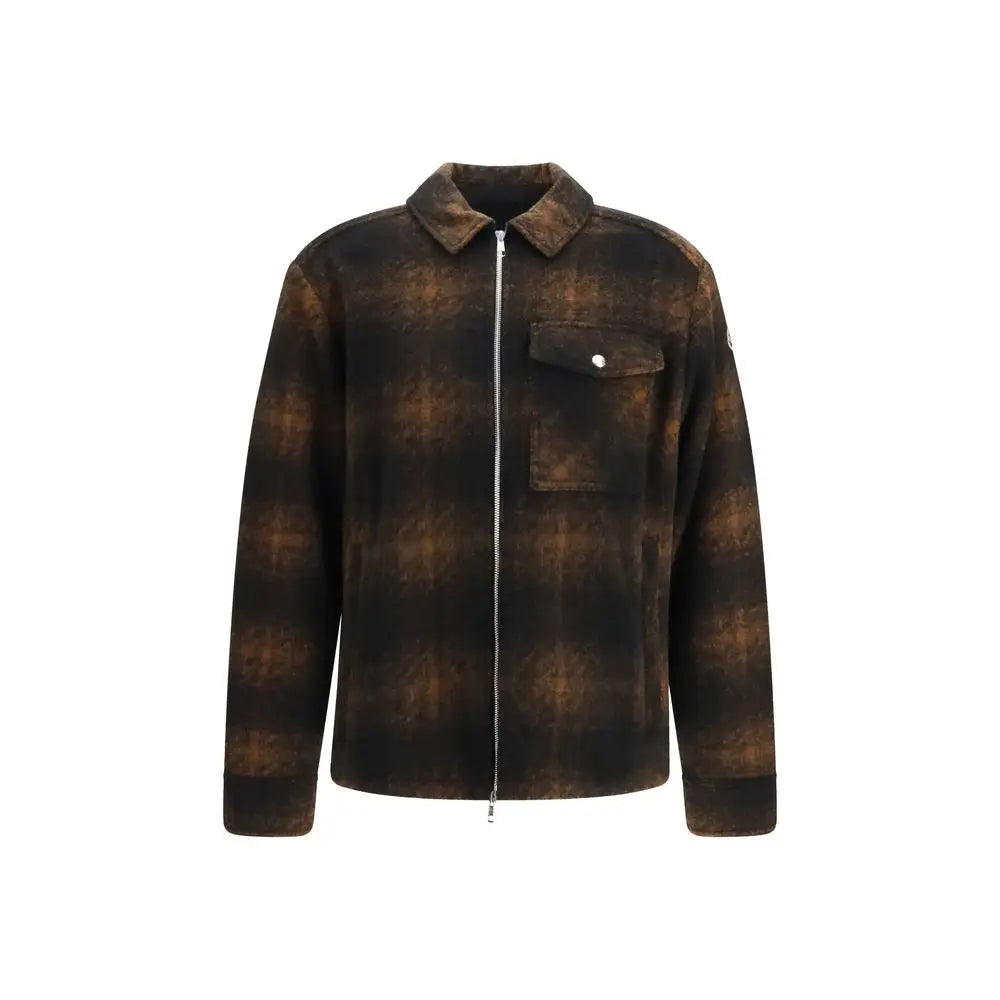 Veste zippée moncler marron en polyester avec motif à carreaux noir et marron, col, poche poitrine et fermeture éclair argentée