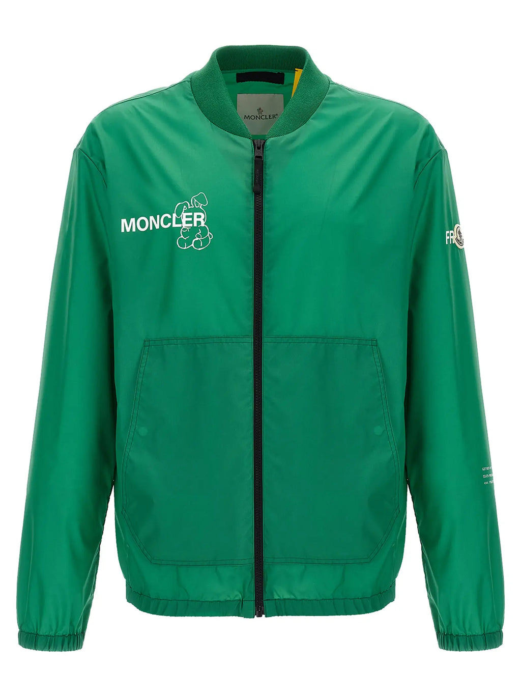 Veste bomber moncler genius bicolor en polyamide vert vif avec logo blanc et dessin de chien sur la poitrine