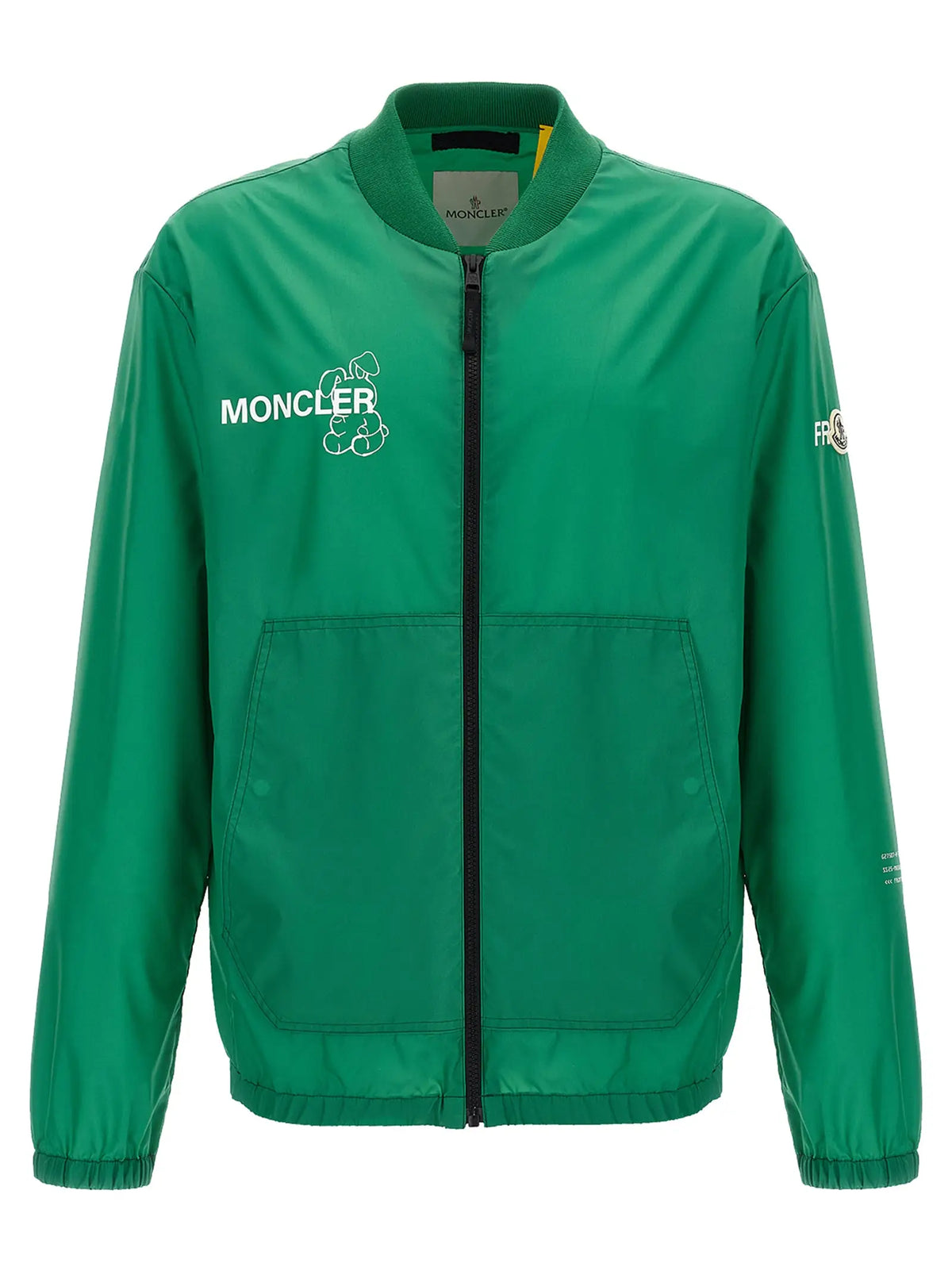 Veste bomber moncler genius bicolor en polyamide vert vif avec logo blanc et dessin de chien sur la poitrine