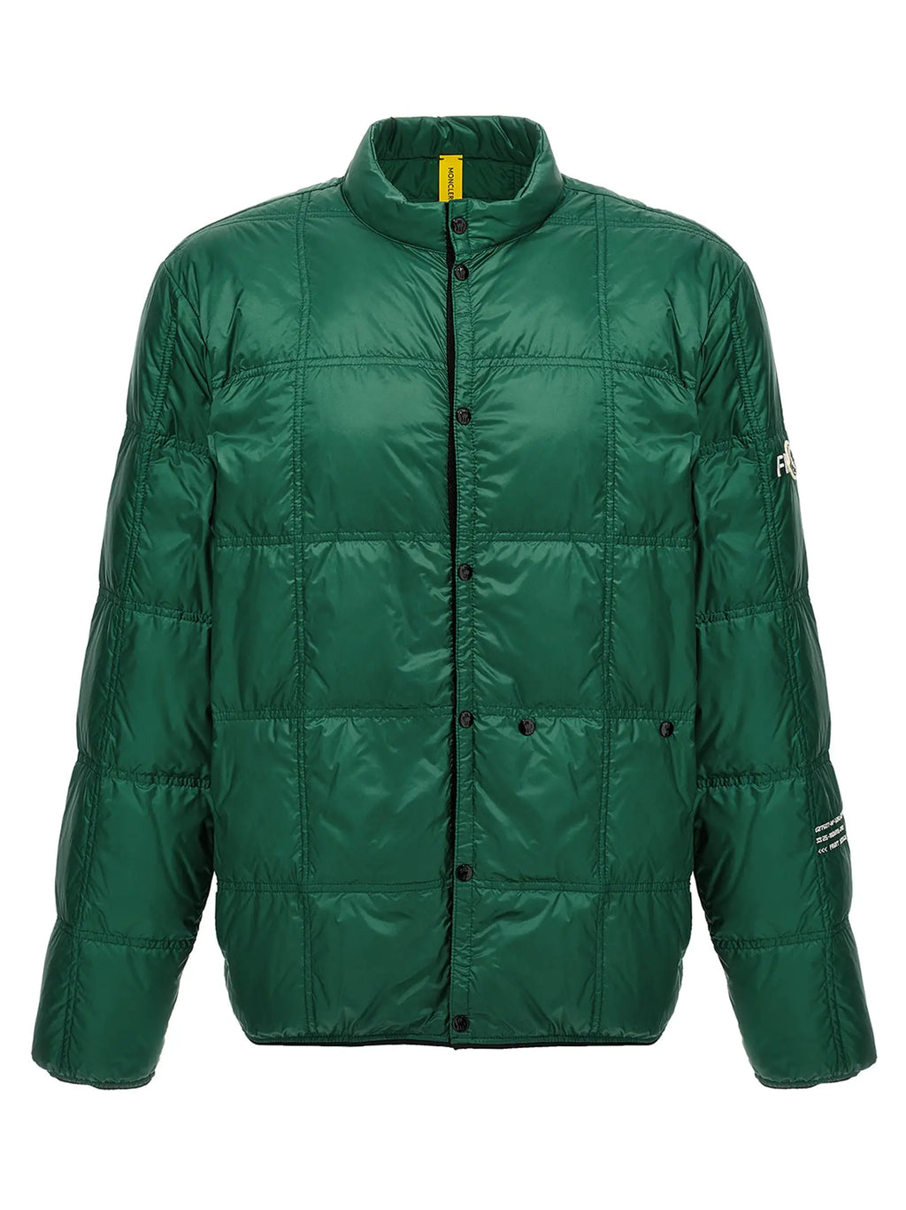Veste longue moncler genius bicolor en polyamide vert matelassé avec boutons noirs et étiquette jaune au col