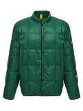 Veste longue moncler genius bicolor en polyamide vert matelassé avec boutons noirs et étiquette jaune au col