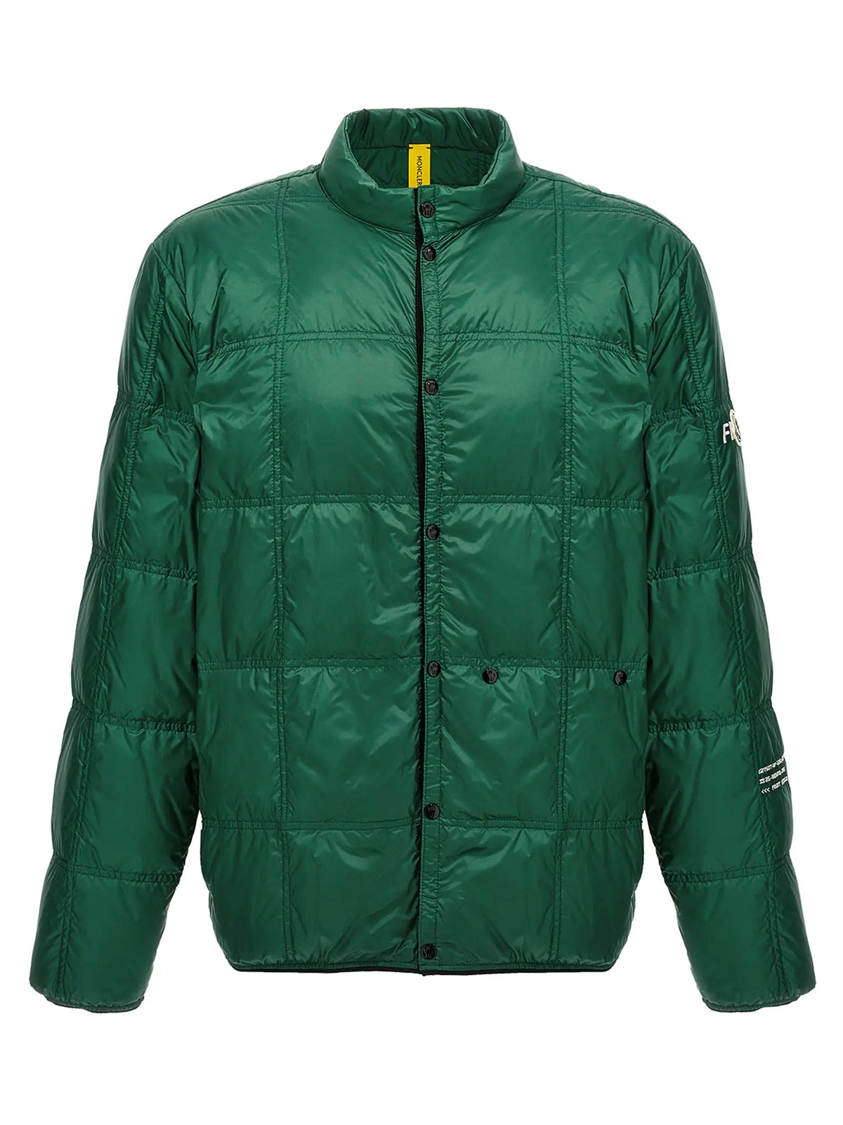 Veste longue moncler genius bicolor en polyamide vert matelassé avec boutons noirs et étiquette jaune au col