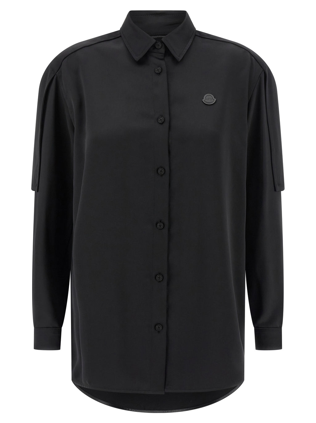 Blouse en polyester noire de la marque MONCLER GENIUS, style élégant et moderne, vue de face avec détails de tissu.