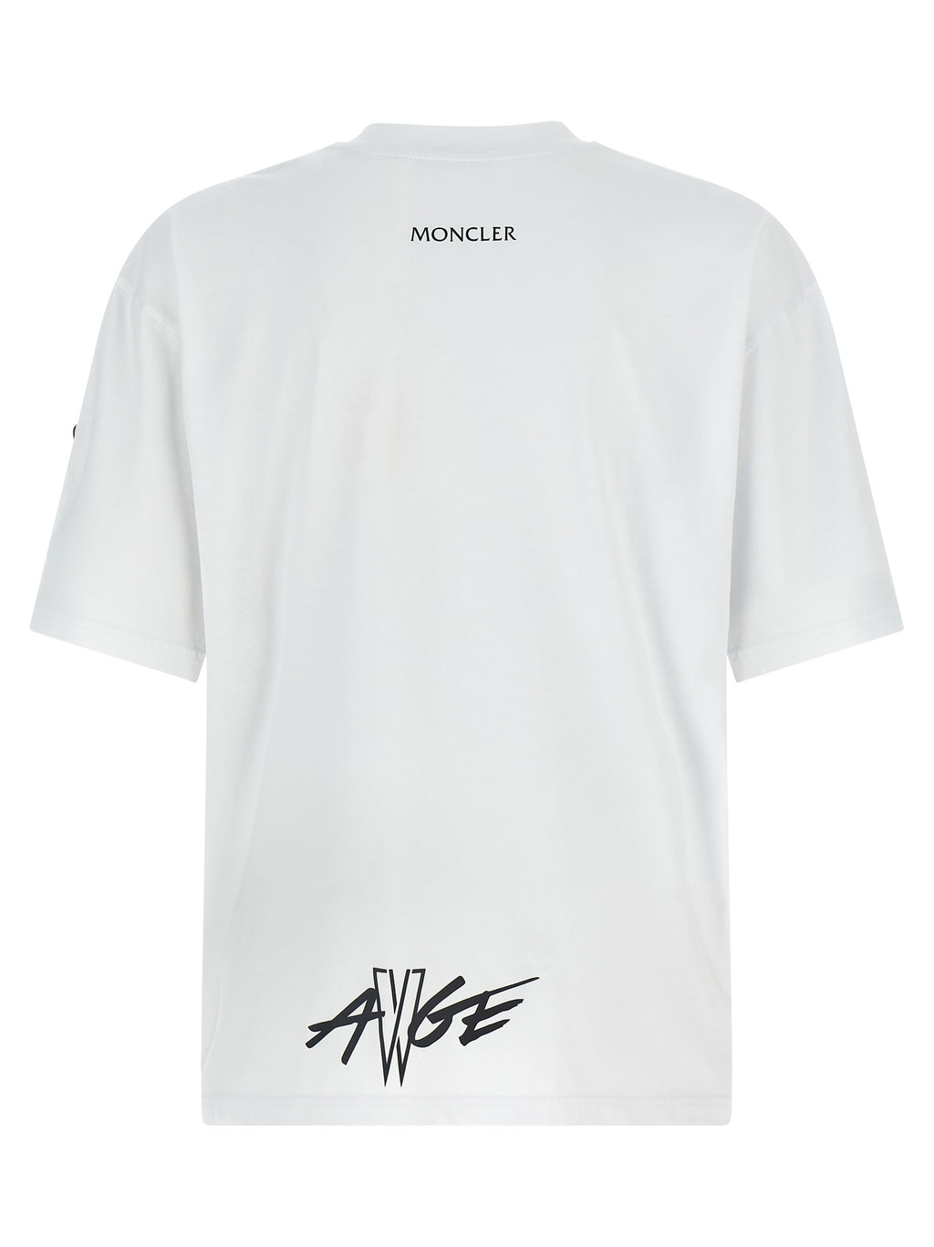 T-shirt en coton noir MONCLER GENIUS avec logo graphique, porté sur mannequin, vue de face.