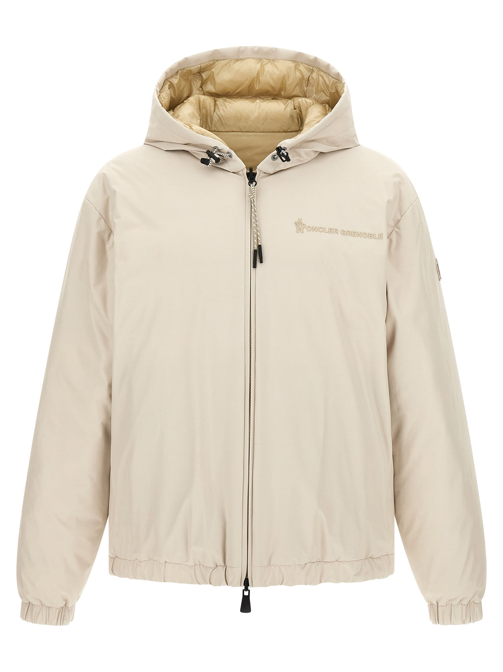 Veste en polyamide beige Moncler Grenoble, coupe-vent et imperméable, avec capuche et détails ajustables.