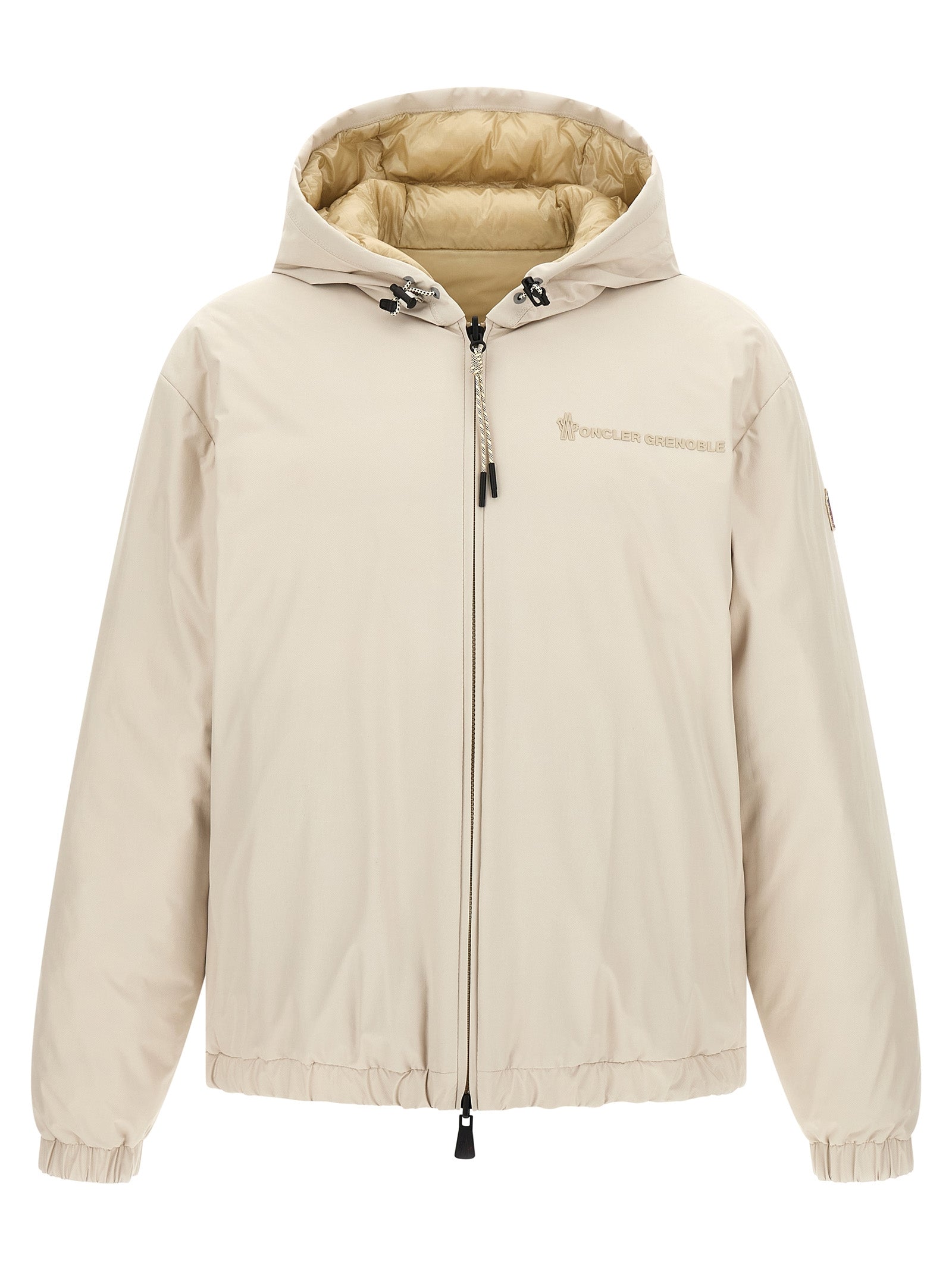 Veste en polyamide beige Moncler Grenoble, coupe-vent et imperméable, avec capuche et détails ajustables.