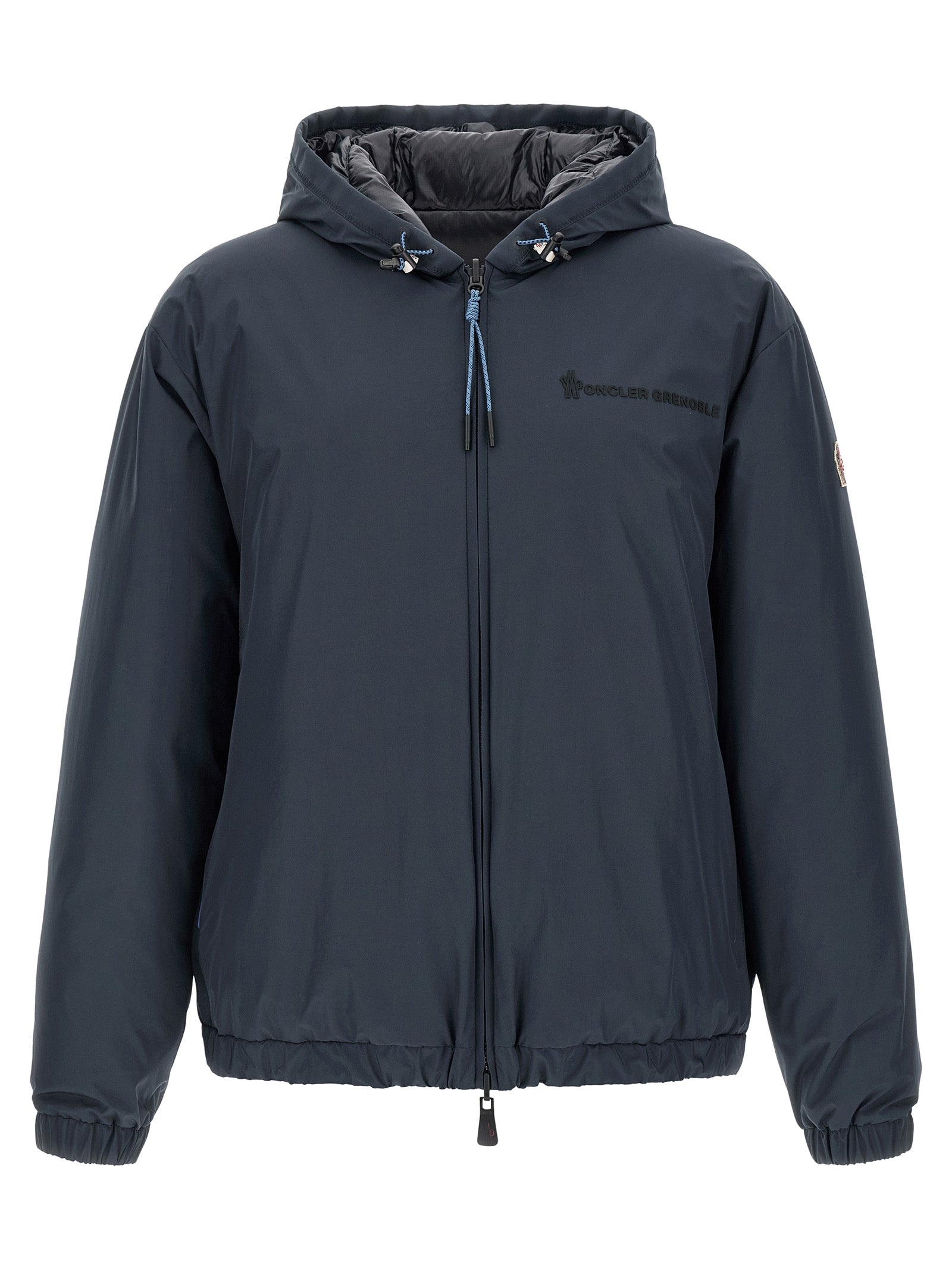 Veste shell en polyamide bleue Moncler Grenoble, coupe-vent et imperméable, avec capuche et fermeture zippée.