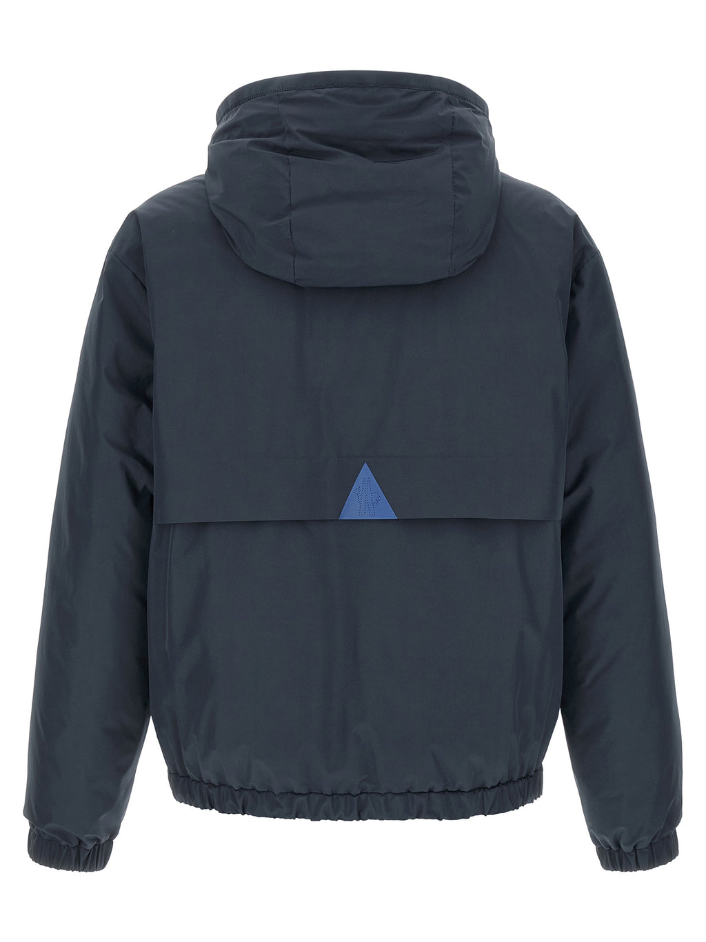 Veste en polyamide bleu Moncler Grenoble, coupe-vent et imperméable, visible en détail dans l'image.