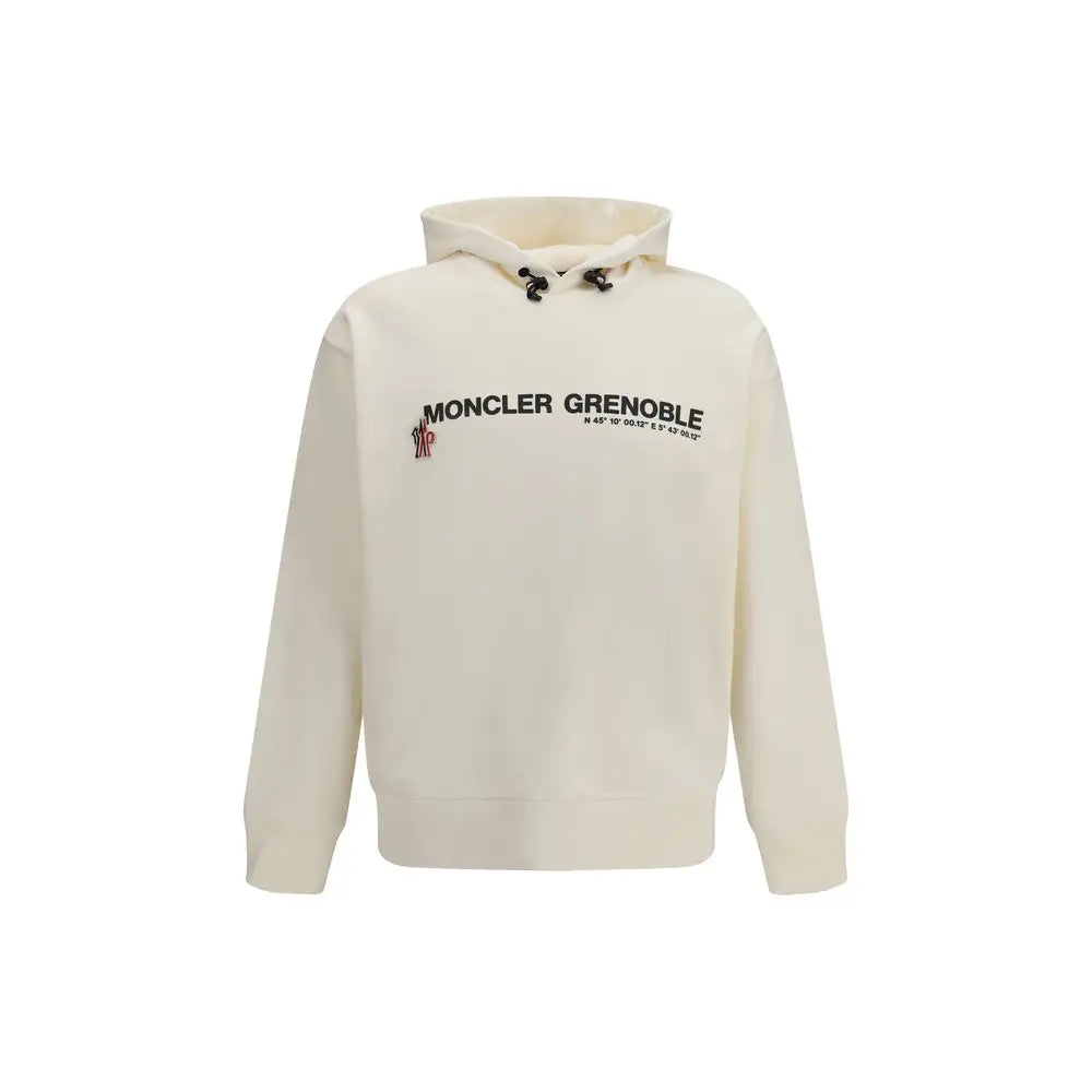 Sweatshirt moncler grenoble beige en coton avec logo noir brodé et coordonnées sur la poitrine