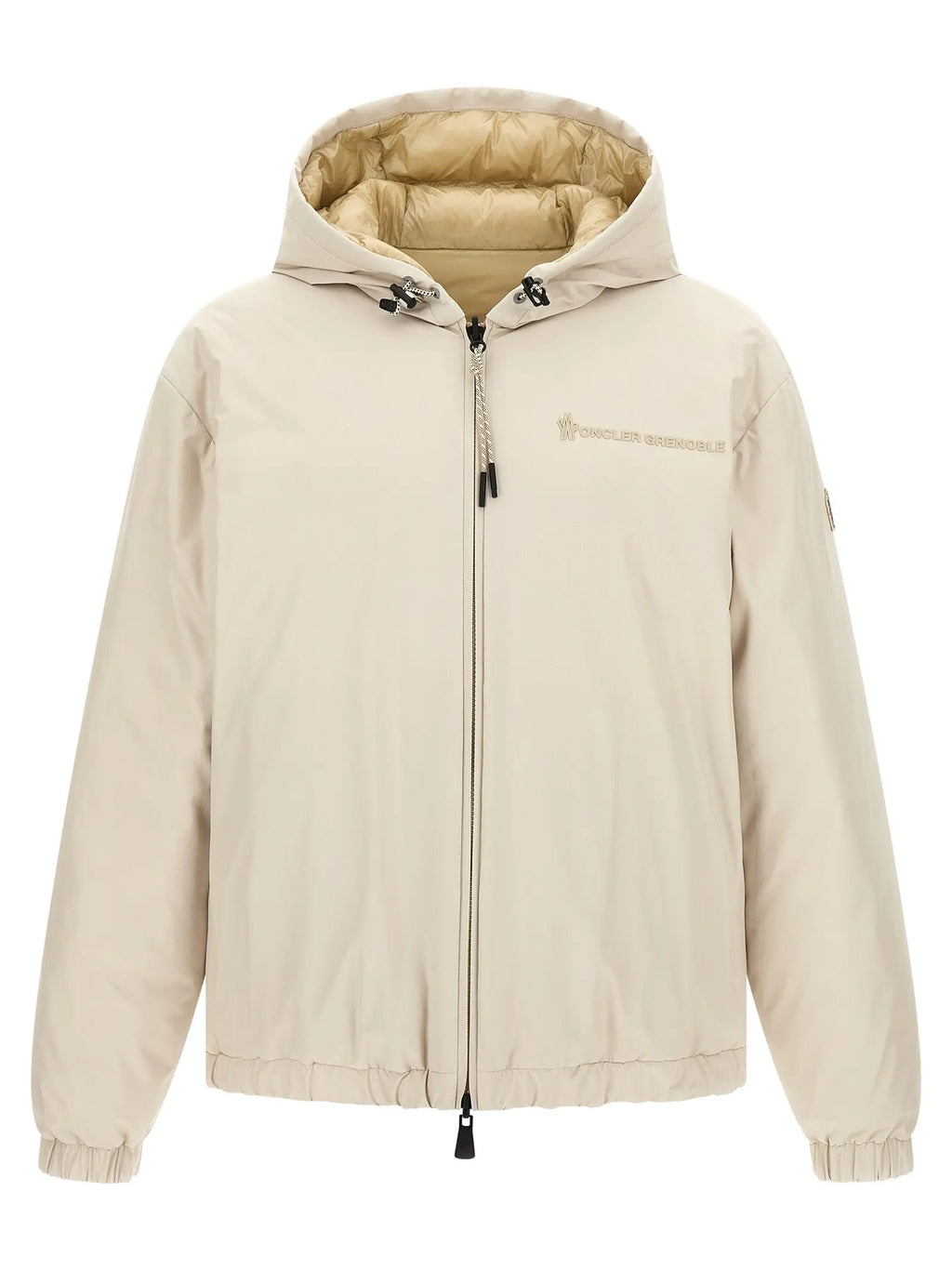 Veste beige moncler grenoble à capuche avec doublure intérieure matelassée dorée et broderie discrète sur la poitrine