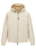 Veste beige moncler grenoble à capuche avec doublure intérieure matelassée dorée et broderie discrète sur la poitrine