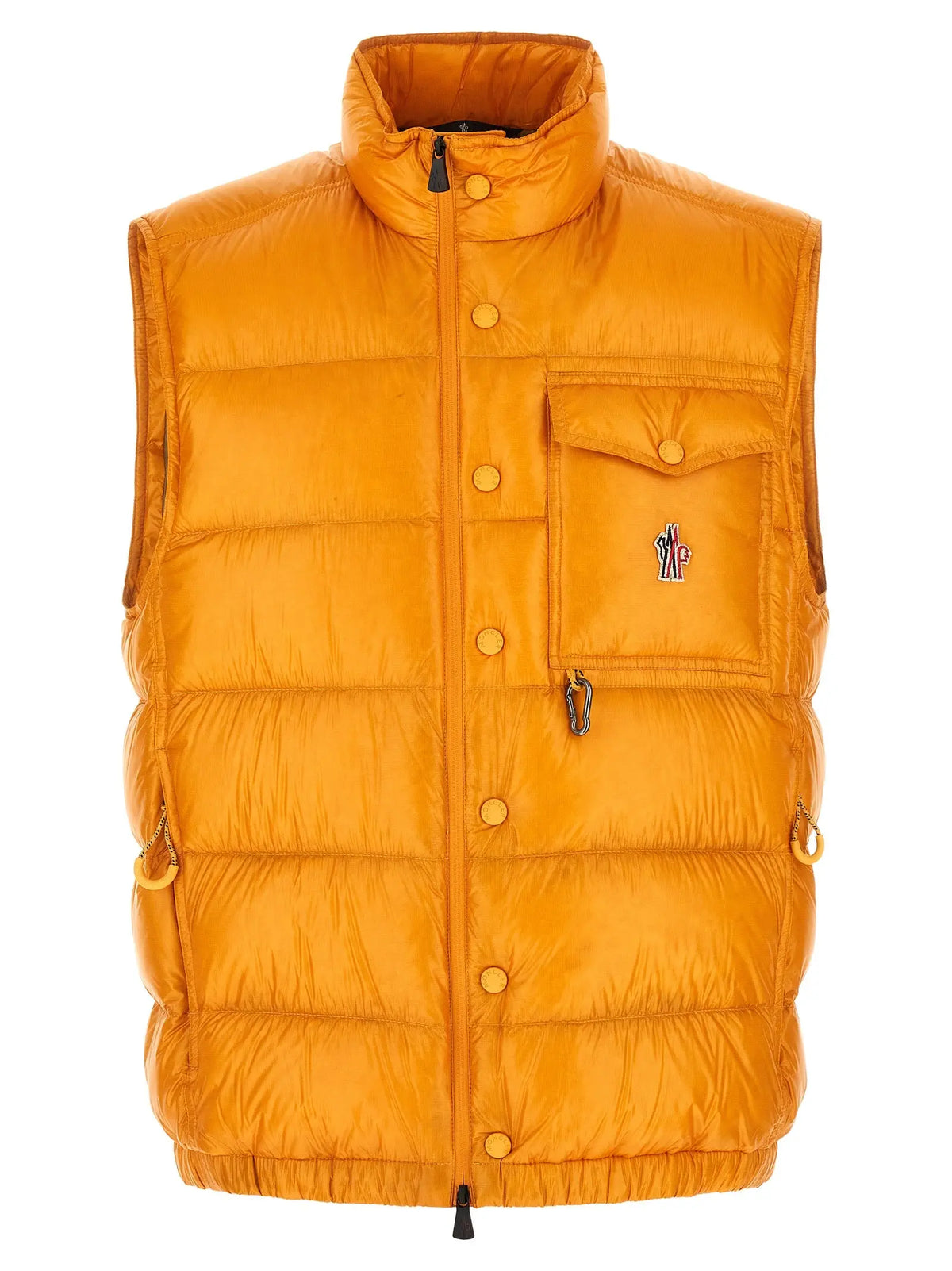 Moncler grenoble bicolor veste sans manches orange en polyester matelassé avec col montant et poche poitrine brodée