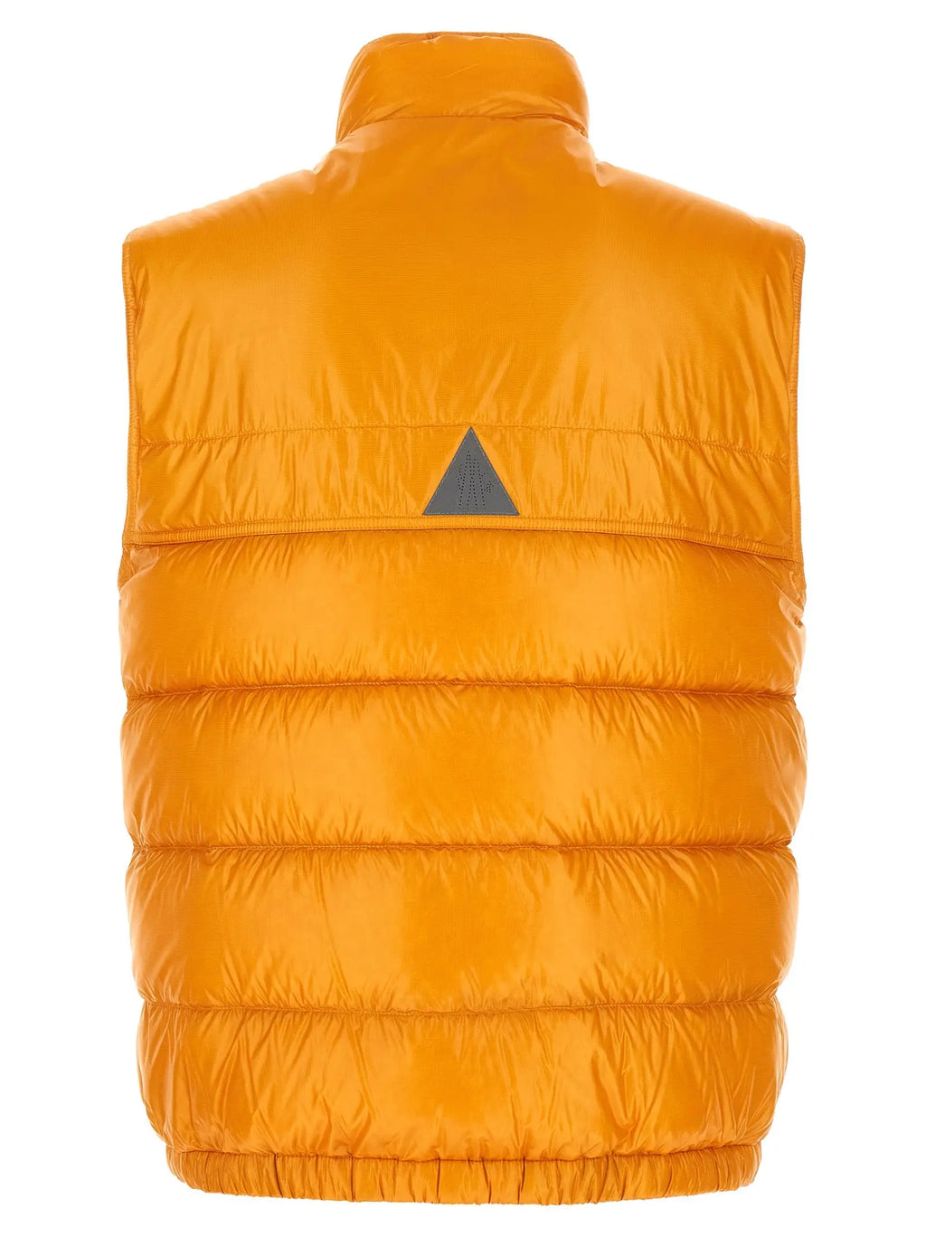 Bright orange moncler grenoble bicolor polyester sleeveless jacket back view with high collar and dark gray logo