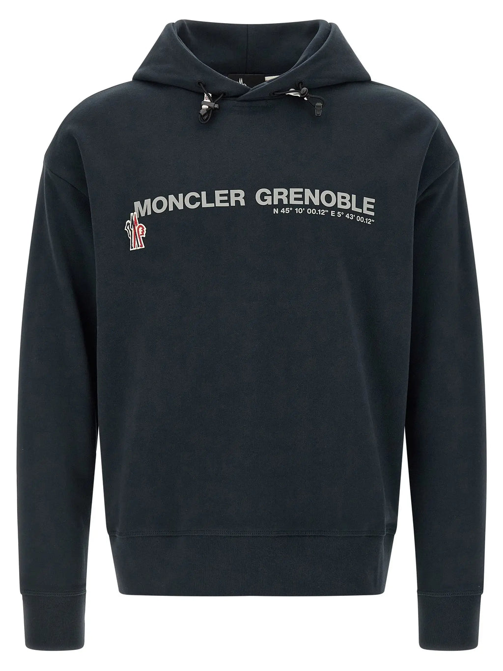 Sweatshirt moncler grenoble bleu en coton avec logo blanc brodé et coordonnées sur la poitrine