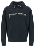 Sweatshirt moncler grenoble bleu en coton avec logo blanc brodé et coordonnées sur la poitrine