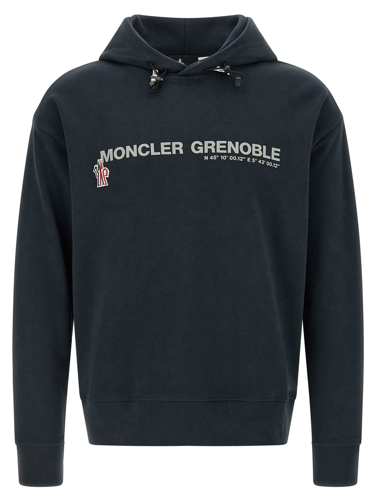 Sweatshirt moncler grenoble bleu en coton avec logo blanc brodé et coordonnées sur la poitrine