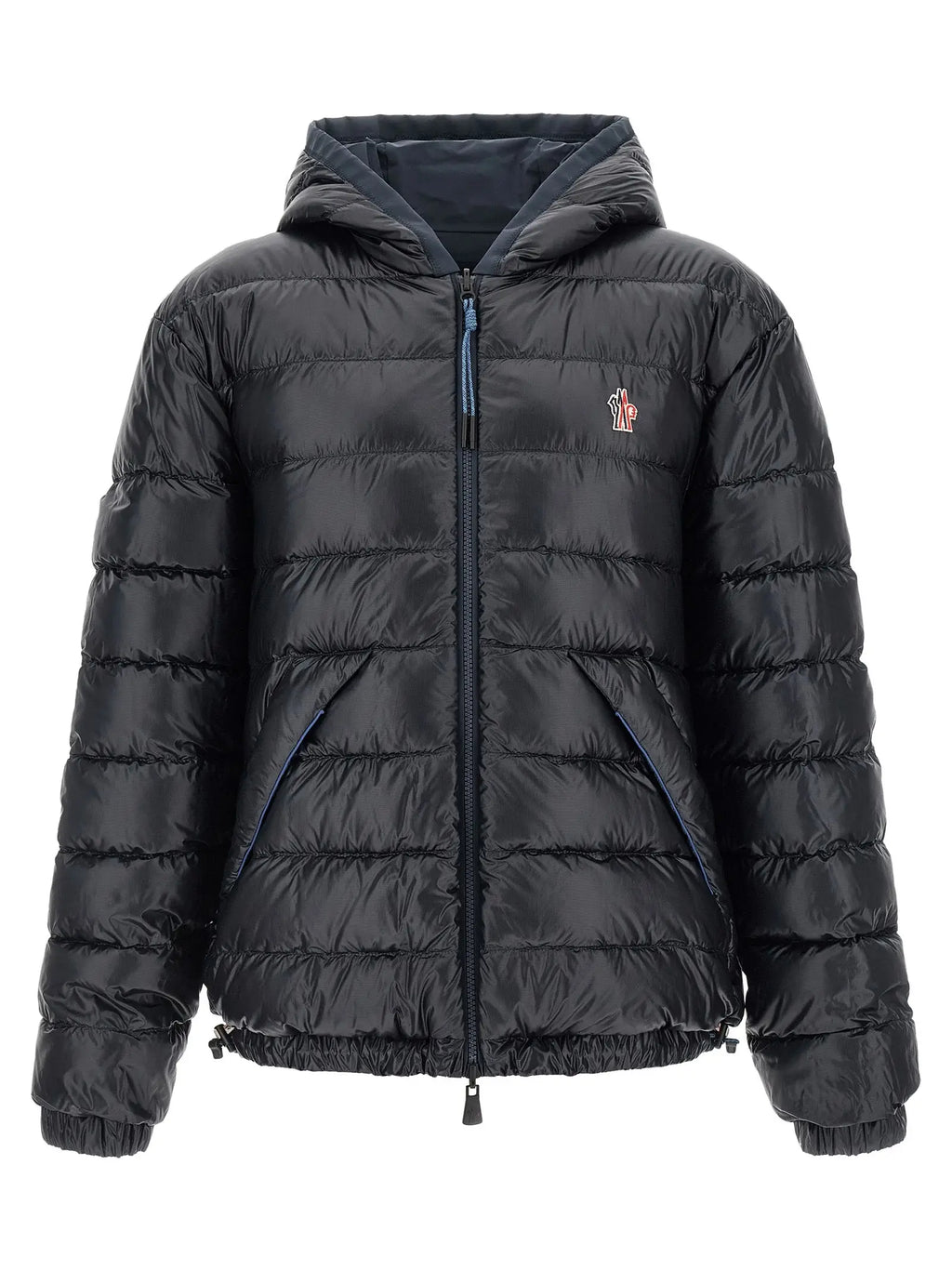 Veste moncler grenoble en polyamide bleu noire matelassée avec capuche et fermeture éclair détail bleu