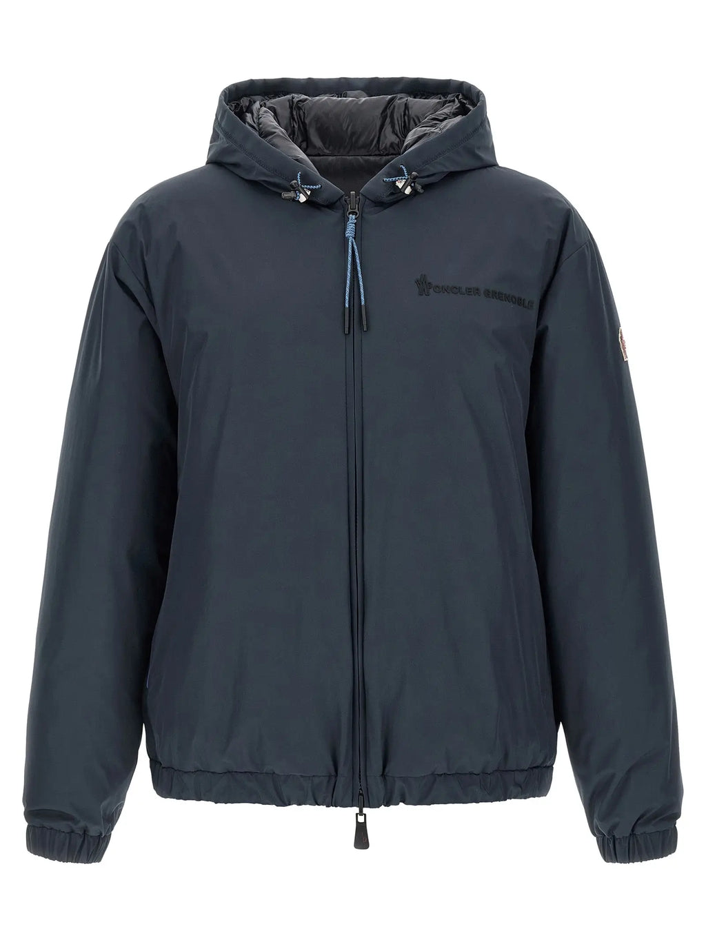 Veste moncler grenoble en polyamide bleu foncé matelassée avec capuche et tirettes de zip bleu clair
