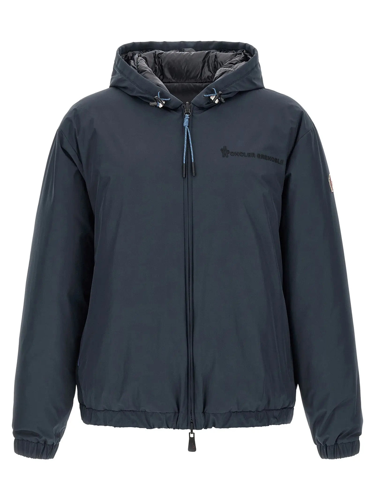 Veste moncler grenoble en polyamide bleu foncé matelassée avec capuche et tirettes de zip bleu clair