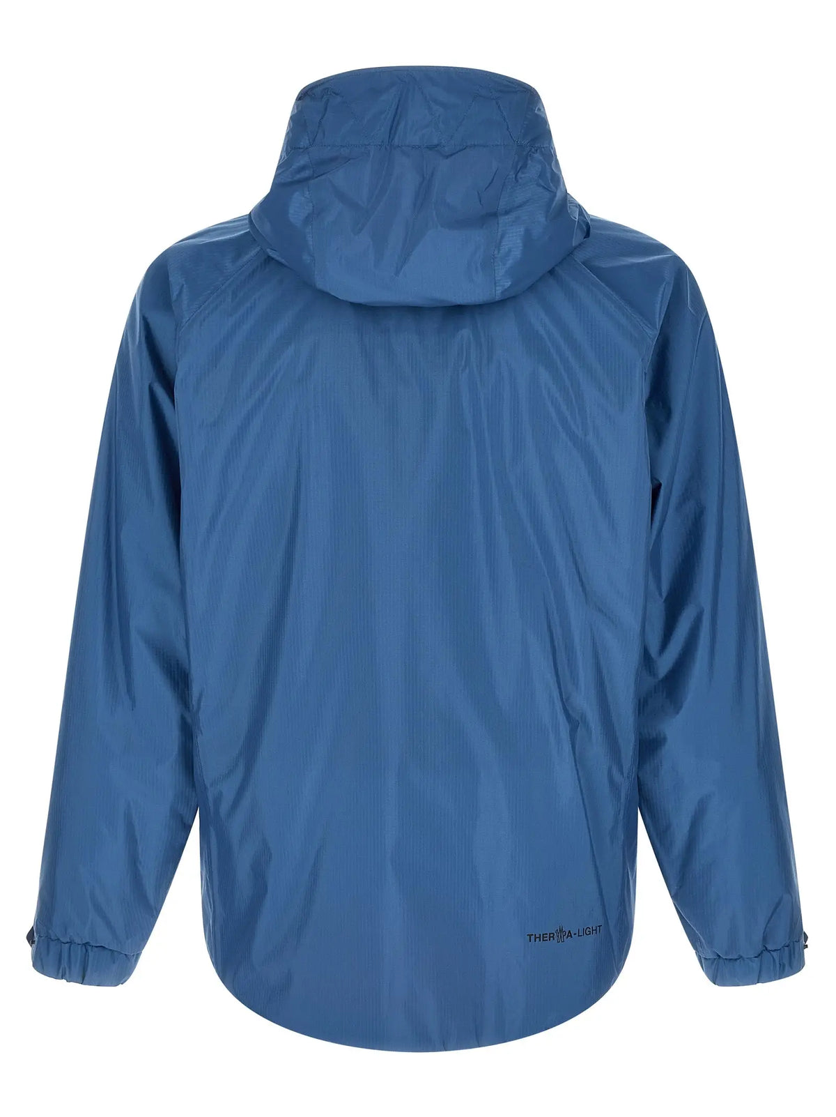 Veste imperméable bleue moncler grenoble en polyamide avec capuche et poignets élastiques vue de dos avec logo therma-lite