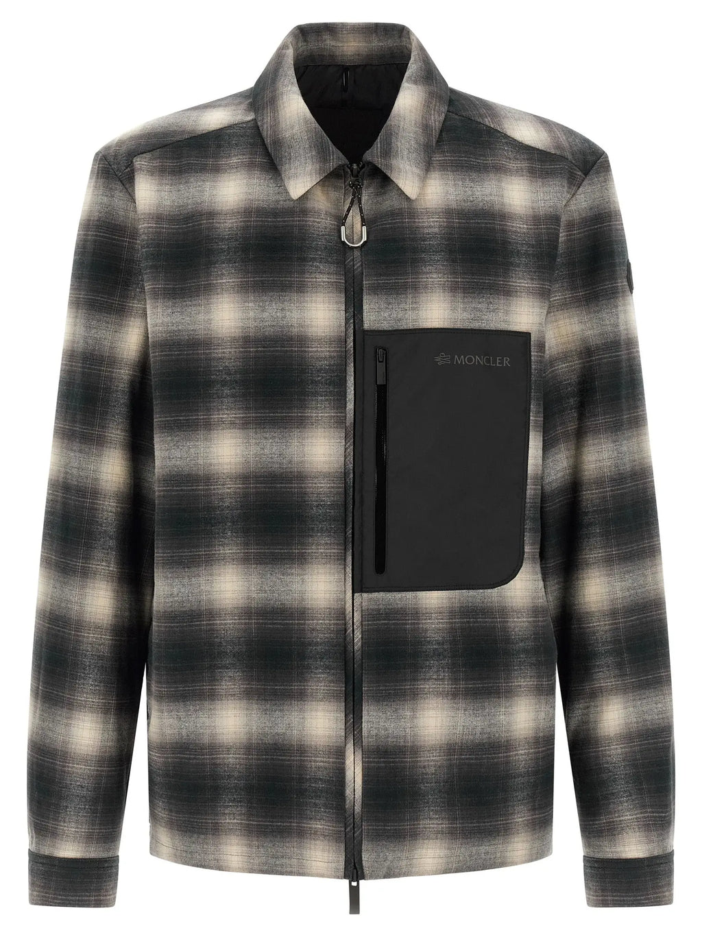 Veste moncler multicolore en coton avec zip avant, carreaux noirs et beiges et poche poitrine gris foncé contrastée