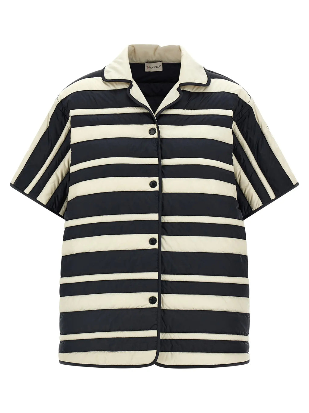 Moncler blouse multicolore en polyamide avec veste matelassée rayée marine et crème à manches courtes et boutons noirs