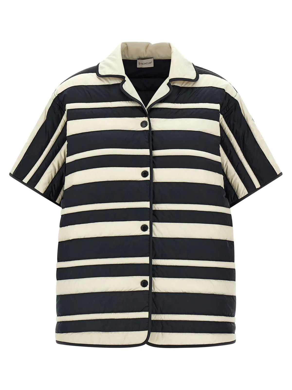 Moncler blouse multicolore en polyamide avec veste matelassée rayée marine et crème à manches courtes et boutons noirs