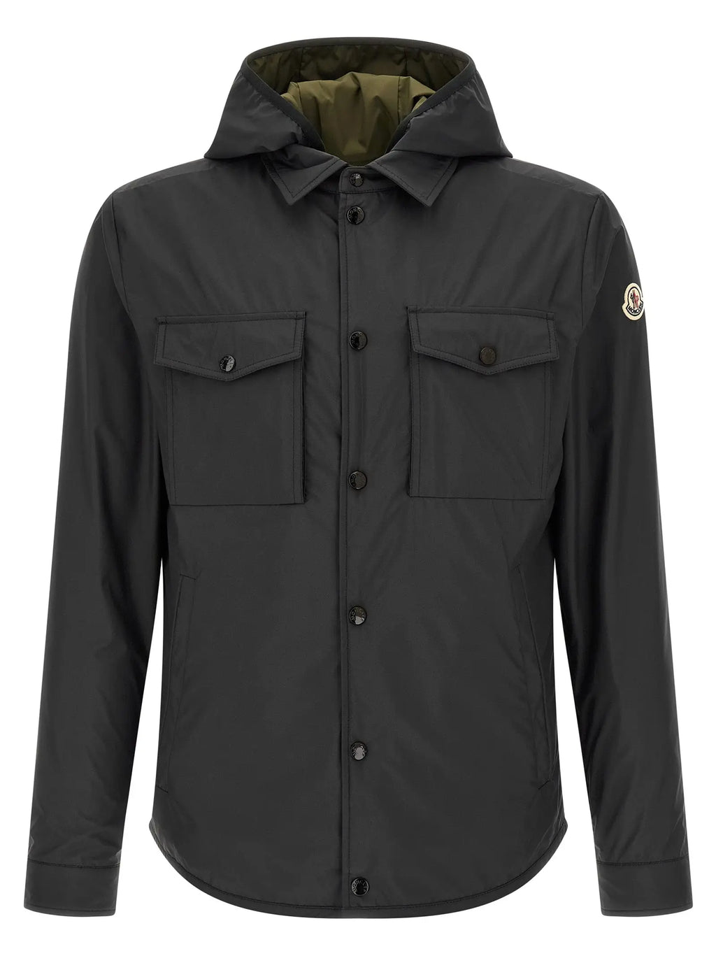 Veste moncler multicolore en polyester avec capuche noire, doublure olive, et deux poches avant à rabat