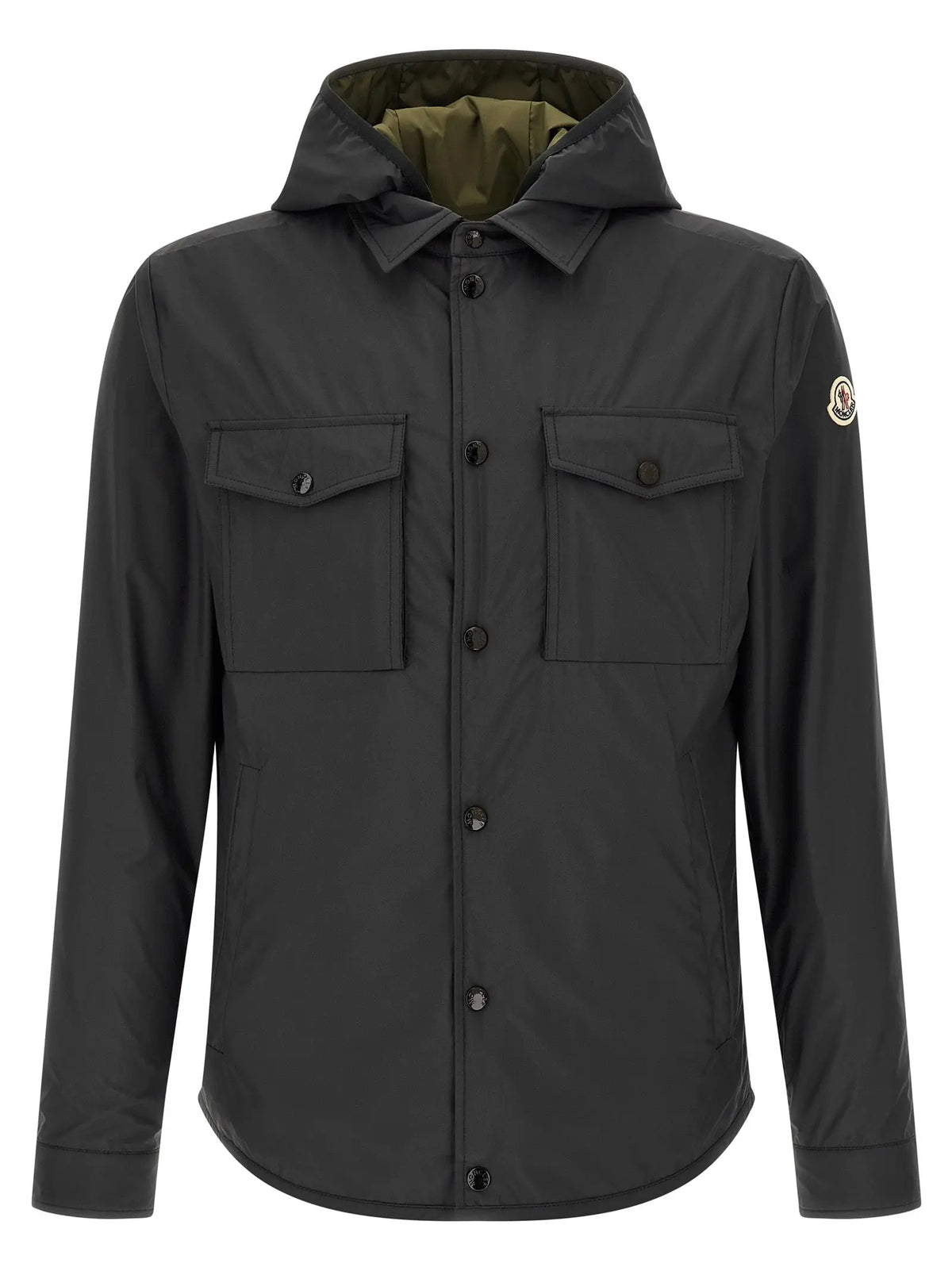 Veste moncler multicolore en polyester avec capuche noire, doublure olive, et deux poches avant à rabat