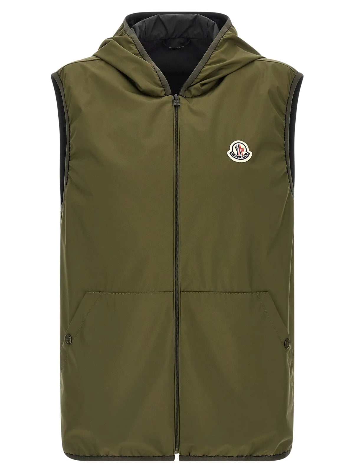 Olive green moncler hooded vest with black trim and circular logo on polyester shell multicolor jacket