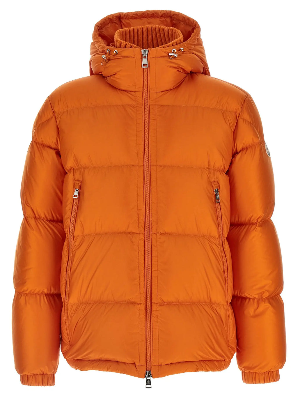Veste moncler orange en polyamide avec capuche matelassée et fermetures éclair argentées full length