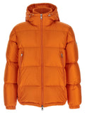 Veste moncler orange en polyamide avec capuche matelassée et fermetures éclair argentées full length
