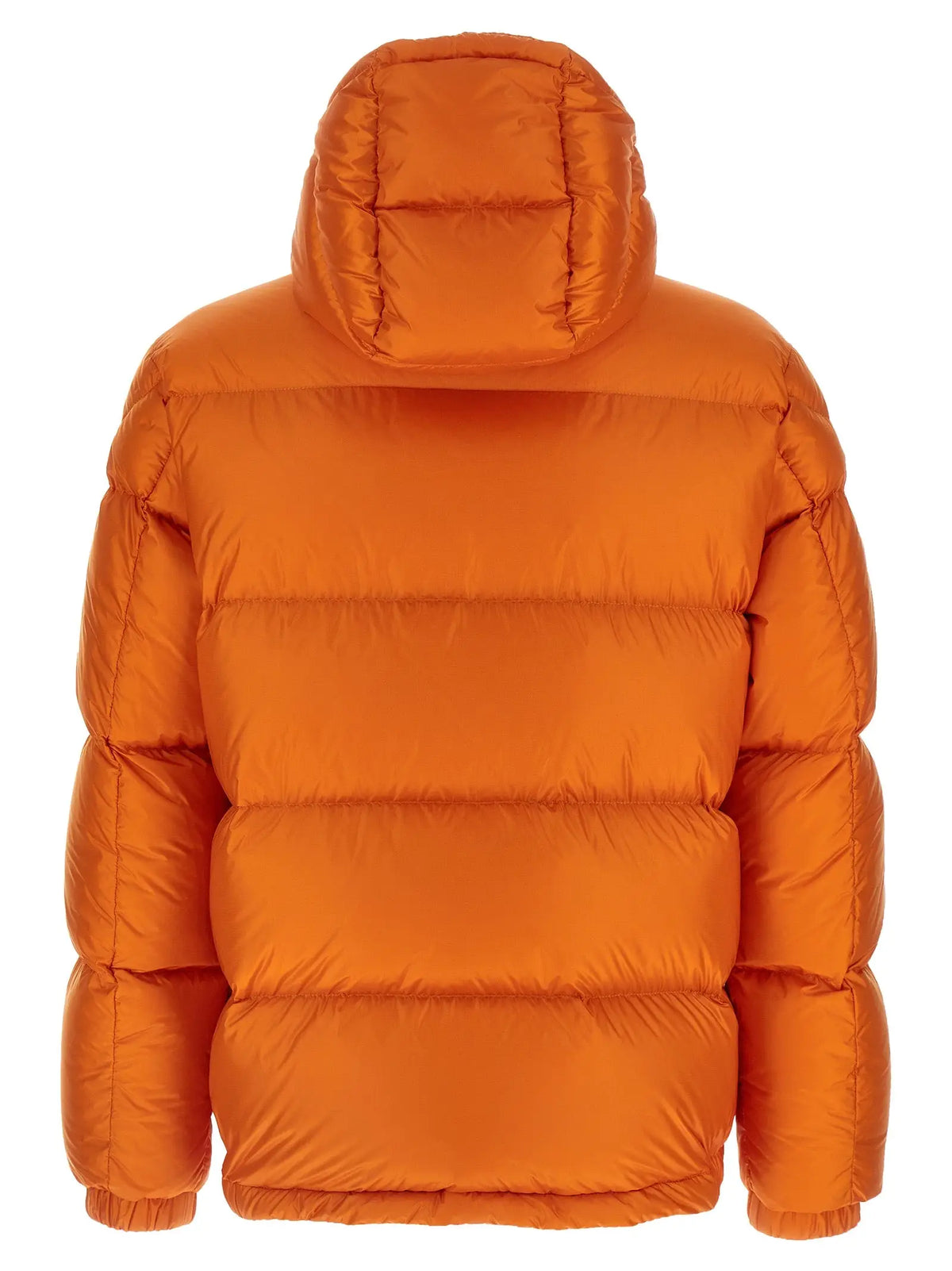 Veste moncler orange en polyamide avec capuche matelassée et couture horizontale pleine longueur