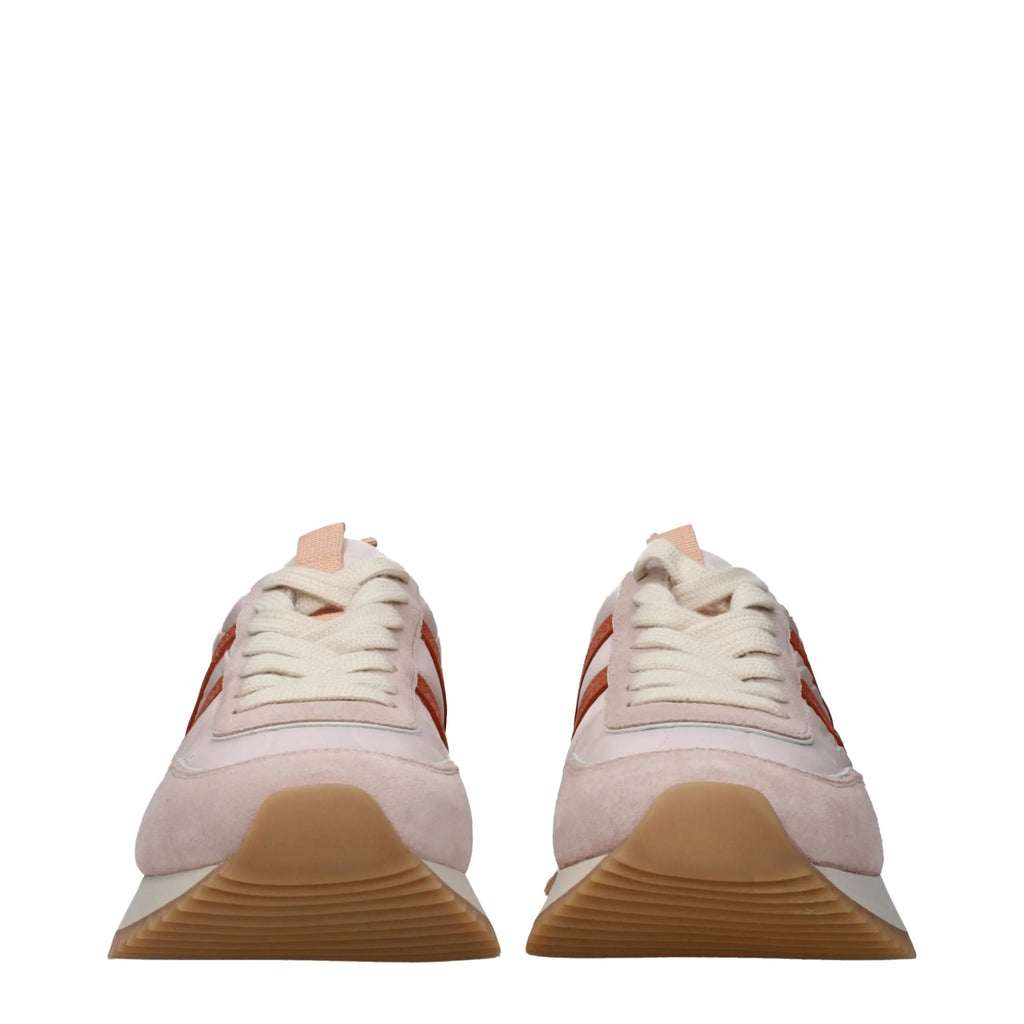 Paire de sneakers chunky moncler en tissu rose blush avec rayures orange et semelles en gomme
