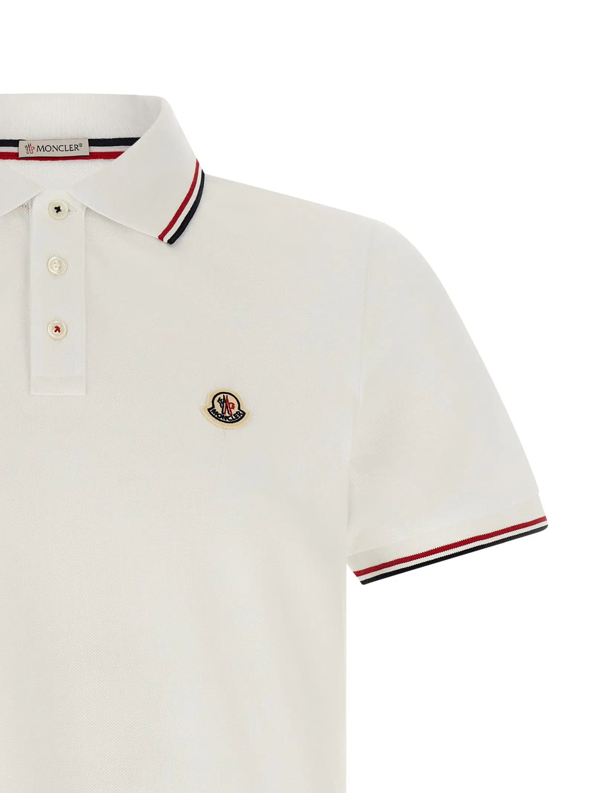 Polo moncler blanc en coton avec bordure rouge et marine sur col et manches et logo brodé sur la poitrine
