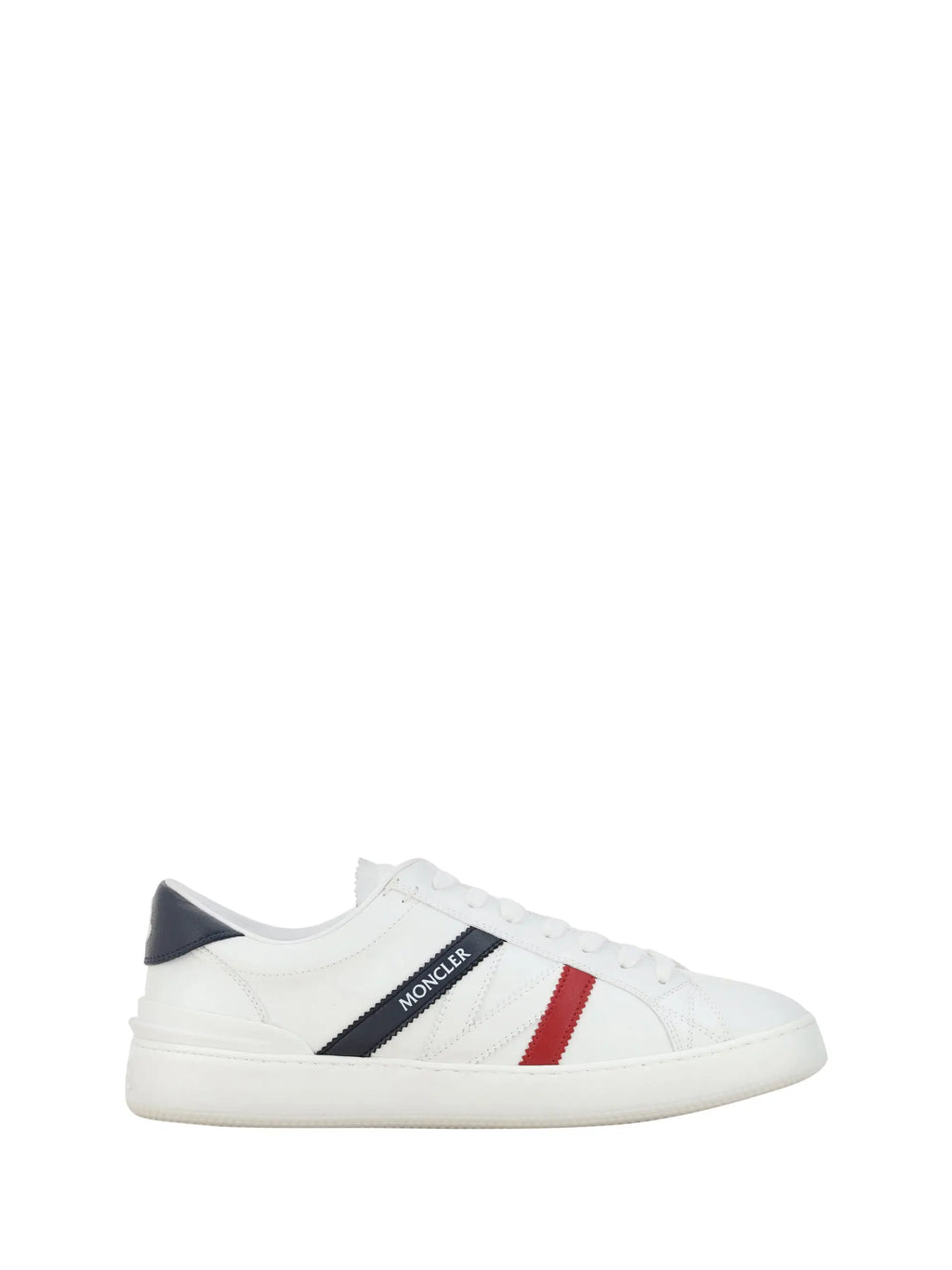 Baskets moncler white monaco m basses blanches avec bande marine et rouge en cuir lisse