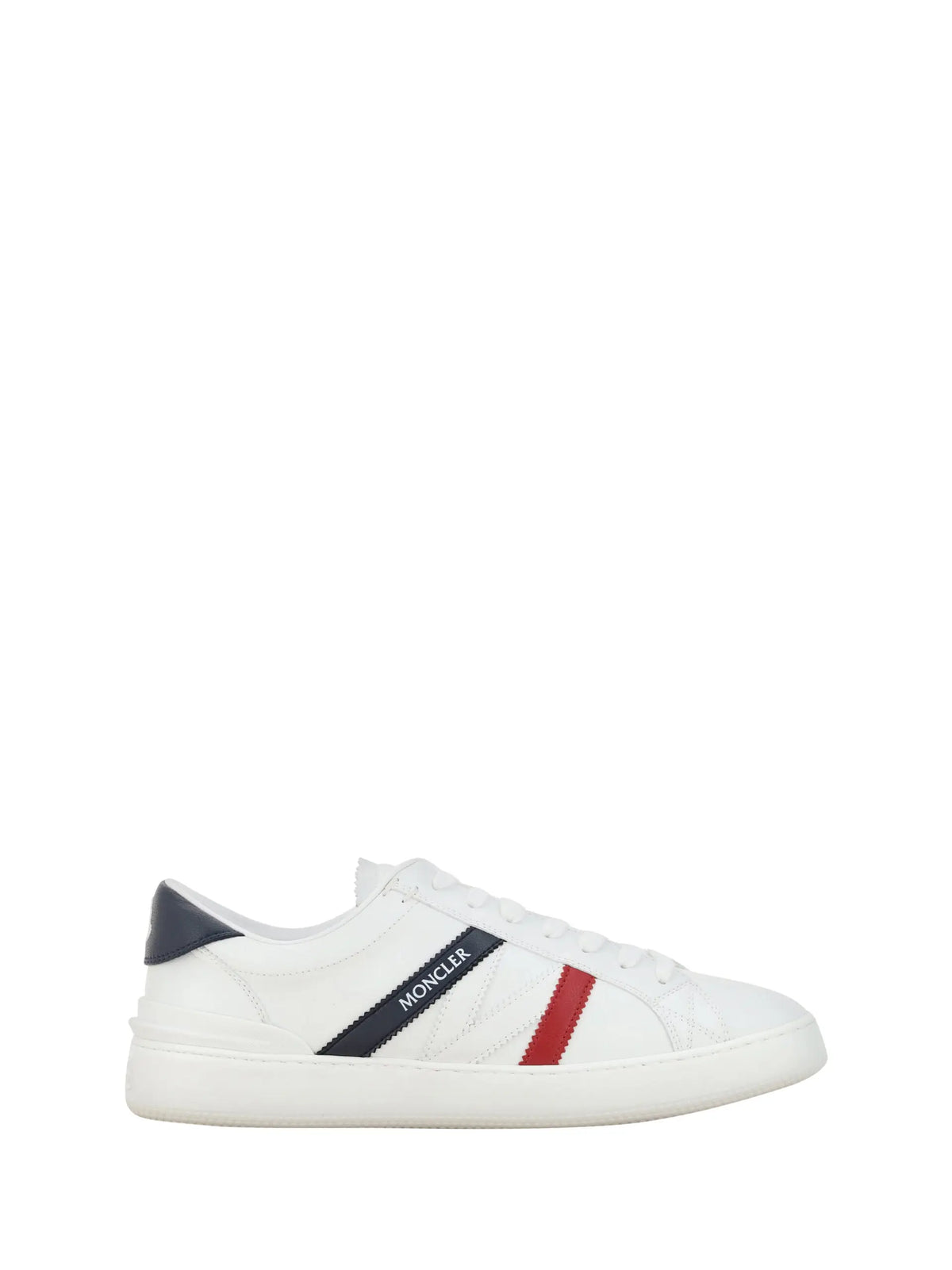 Baskets moncler white monaco m basses blanches avec bande marine et rouge en cuir lisse