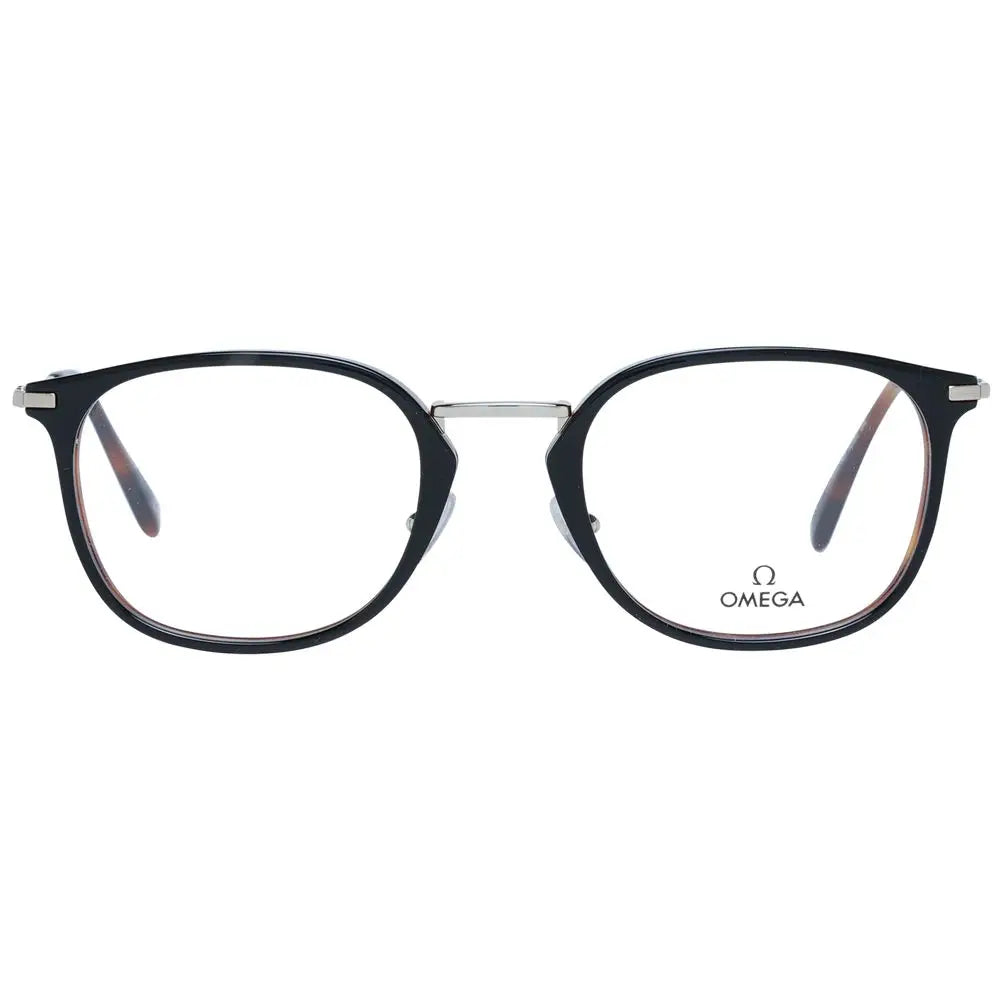 Lunettes omega noires en métal et plastique avec monture rectangulaire, pont et branches argentés, logo omega sur la lentille